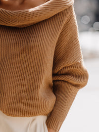 Camel Ribbed Off-the-Shoulder Knit Sweater