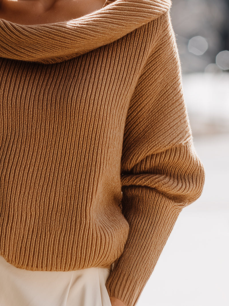 Camel Ribbed Off-the-Shoulder Knit Sweater