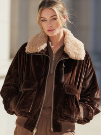 Chocolate Velvet Aviator Jacket With Faux Shearling Collar