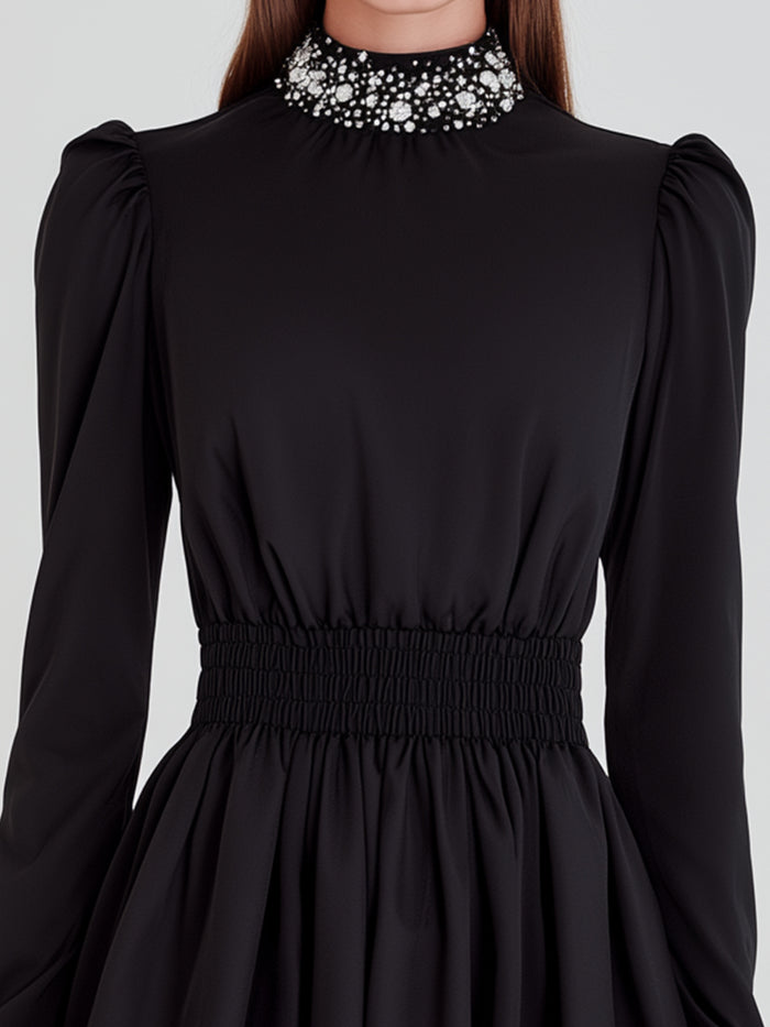 Black Puff Sleeve High-Neck Mini Dress