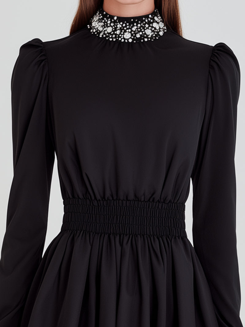 Black Puff Sleeve High-Neck Mini Dress
