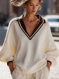 Contrast Collar Oversized Knit Pullover In Ivory