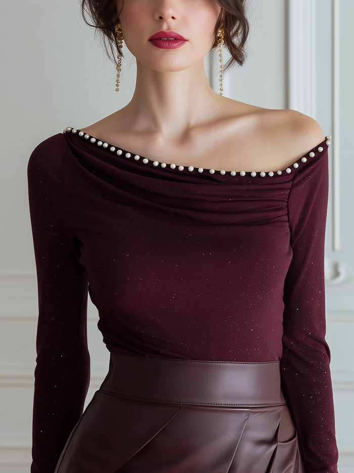 Pearl-Trim Off-Shoulder Shimmer Knit Top