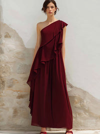 Elegant One-Shoulder Ruffle Chiffon Maxi Dress