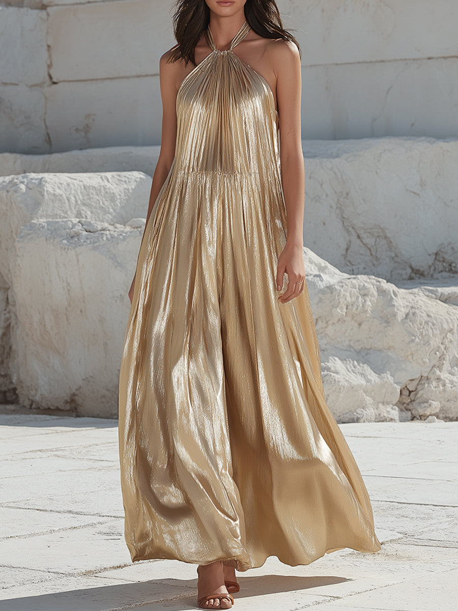 Metallic Halter Neck Flowing Maxi Dress