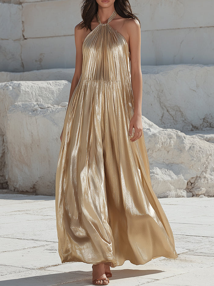 Metallic Halter Neck Flowing Maxi Dress