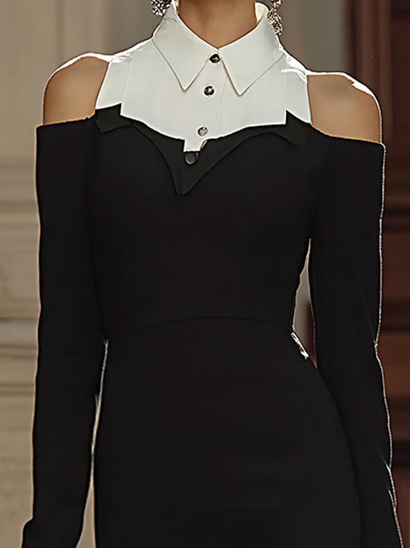 Cold-Shoulder Contrast Collar Maxi Dress
