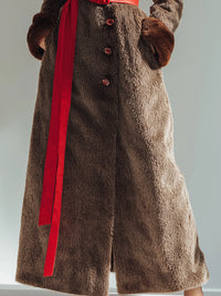 Faux Fur Longline Coat With Red Belt Accent