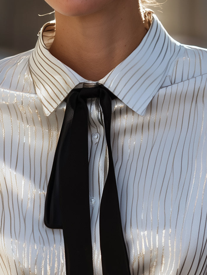 Metallic Pinstripe Satin Blouse With Black Ribbon Tie