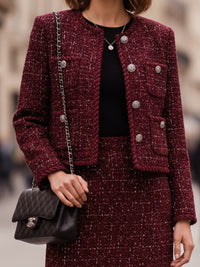 Burgundy Tweed Skirt Suit With Silver-Tone Buttons