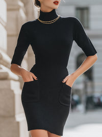 Black Ribbed Turtleneck Knit Dress With Short Sleeves