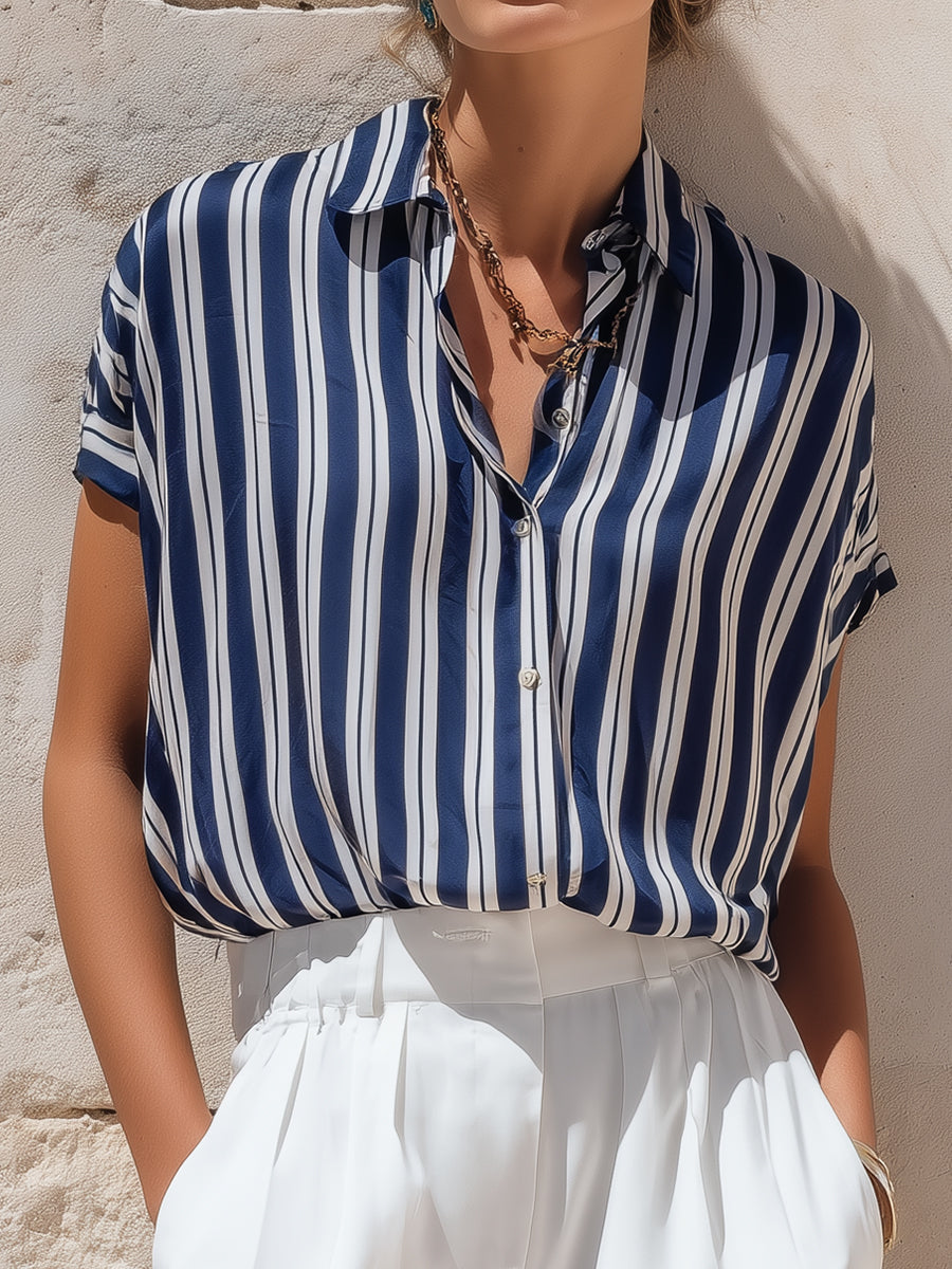 Relaxed Vertical Stripe Short Sleeve Shirt Blouse