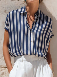 Relaxed Vertical Stripe Short Sleeve Shirt Blouse