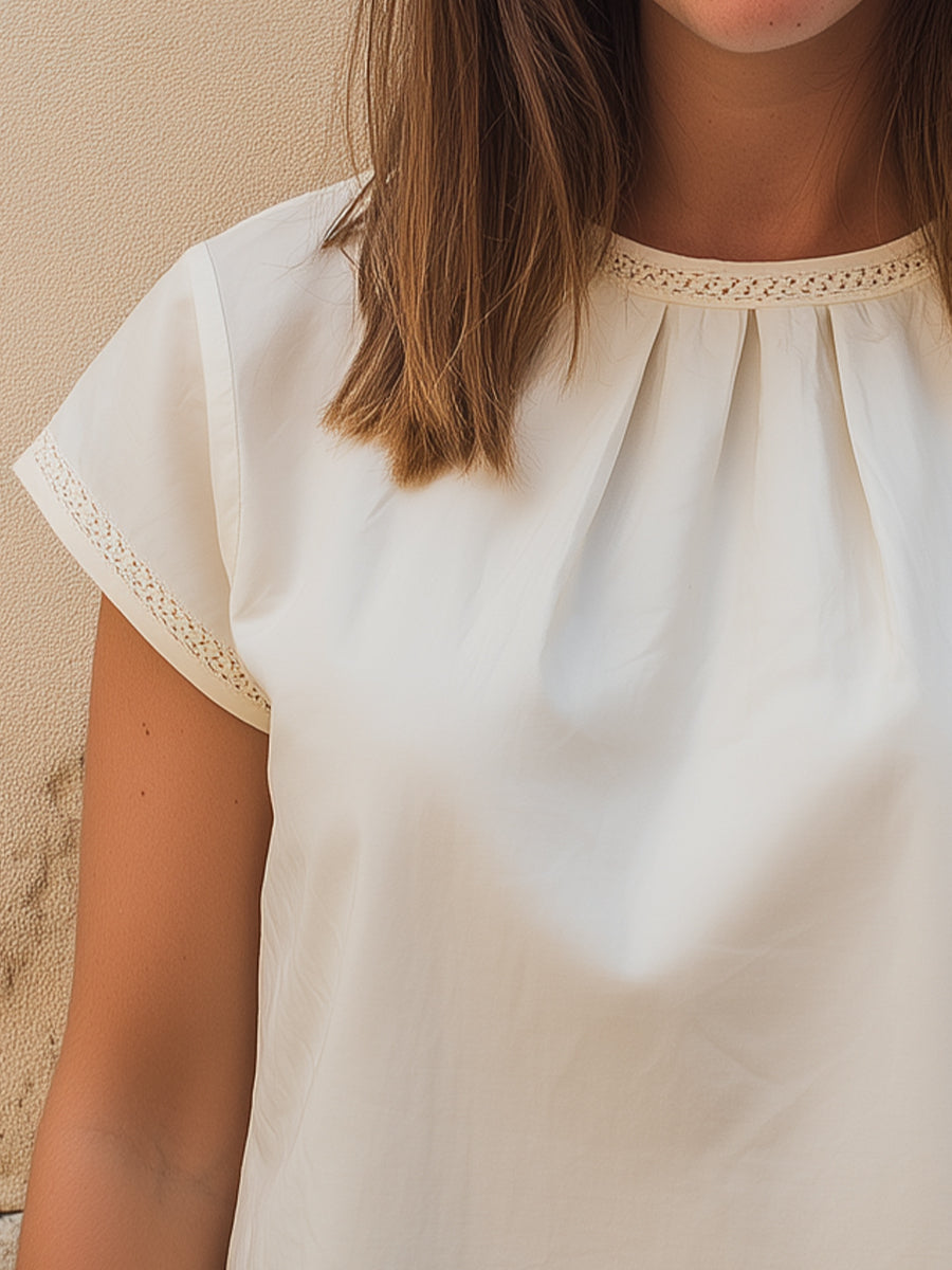 Lace-Trim Short Sleeve Elegant Blouse
