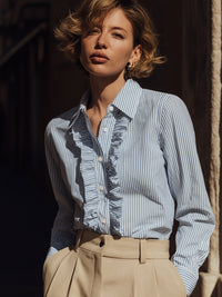 Striped Ruffle Trim Button-Down Blouse