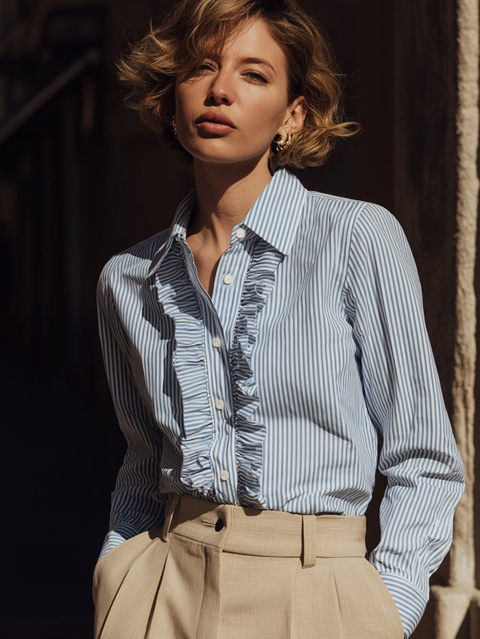 Striped Ruffle Trim Button-Down Blouse