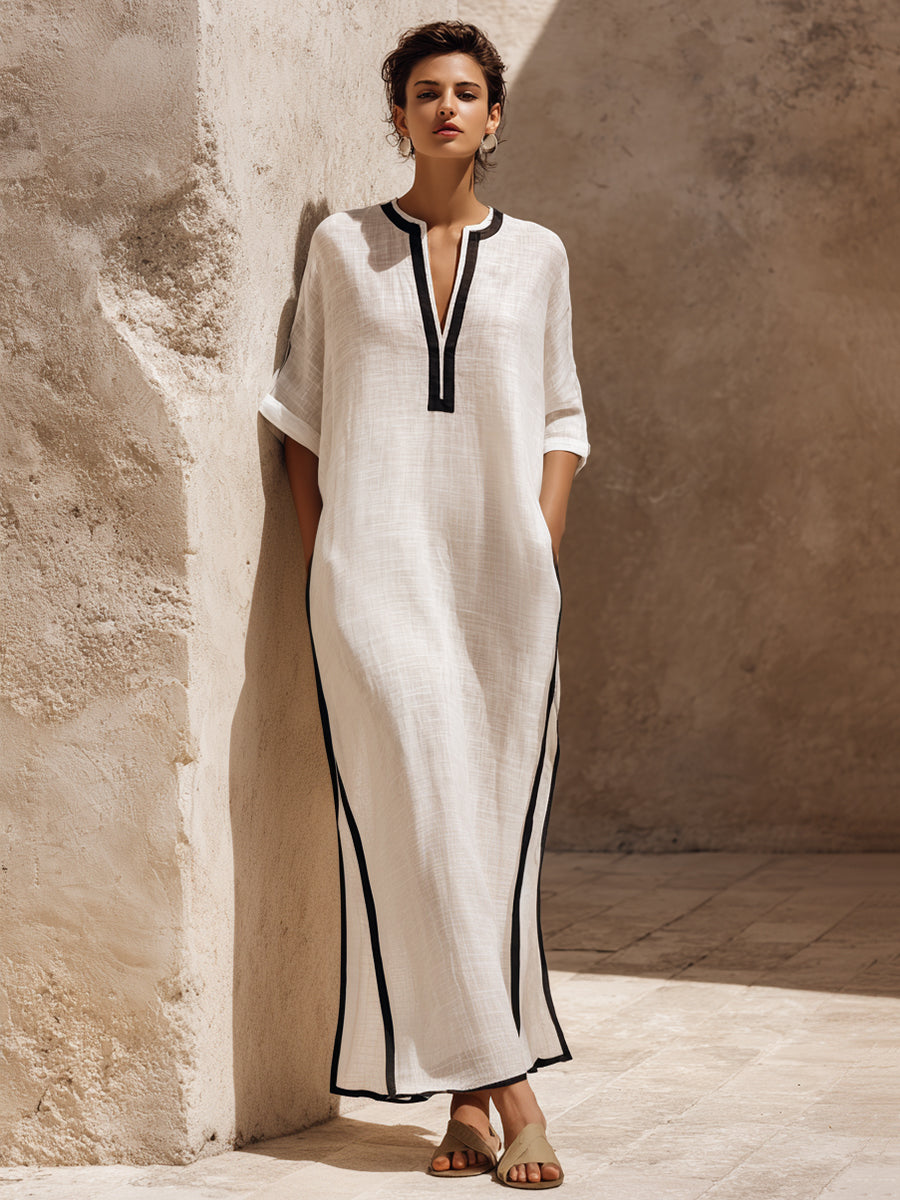 Ethereal Linen-blend  Maxi Dress With Contrast Piping