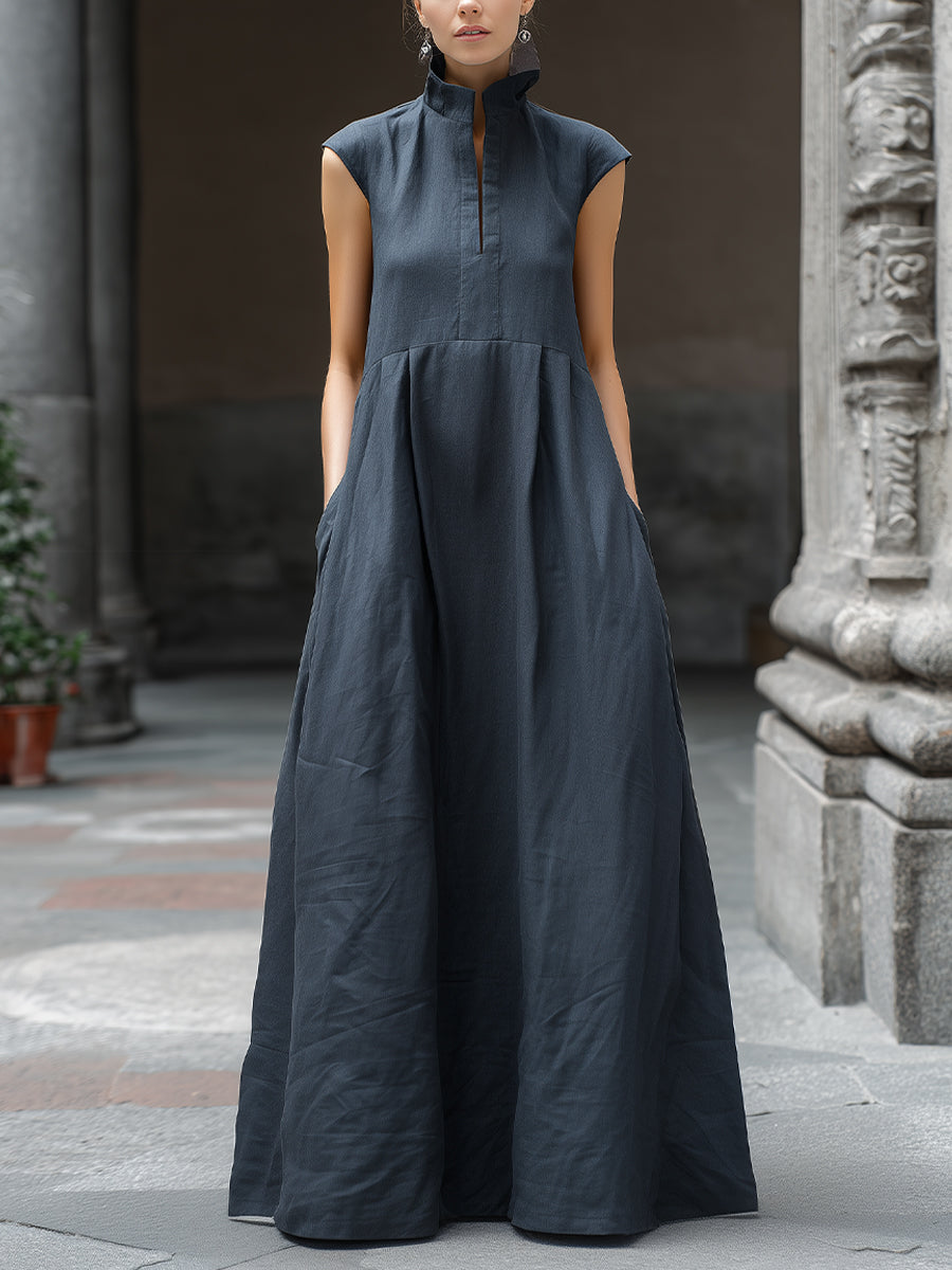 Sleeveless Stand-Collar Maxi Dress