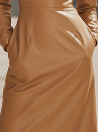 Camel Faux Leather Long-Sleeve Midi Dress