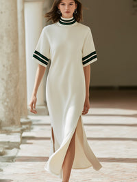 Striped Mock Neck Short Sleeve Slit Midi Dress