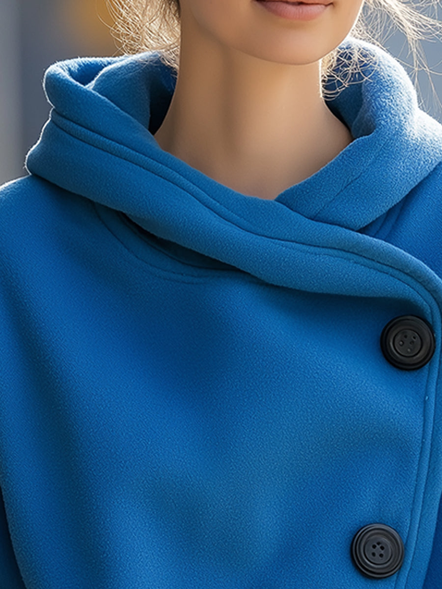 Cozy Blue Fleece Hoodie With Buttoned Detail