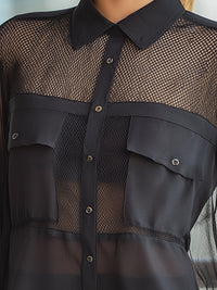 Black Sheer Mesh Panel Button-Down Blouse