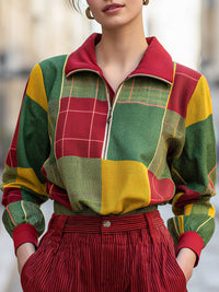 Color-blocked Zipper Plaid Sweatshirt