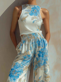 Sleeveless Floral Top & Wide-Leg Pants Resort Set