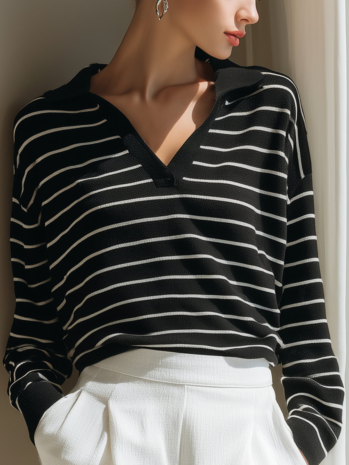 Striped V-Neck Knit Top With Relaxed Silhouette