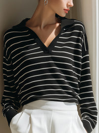Striped V-Neck Knit Top With Relaxed Silhouette