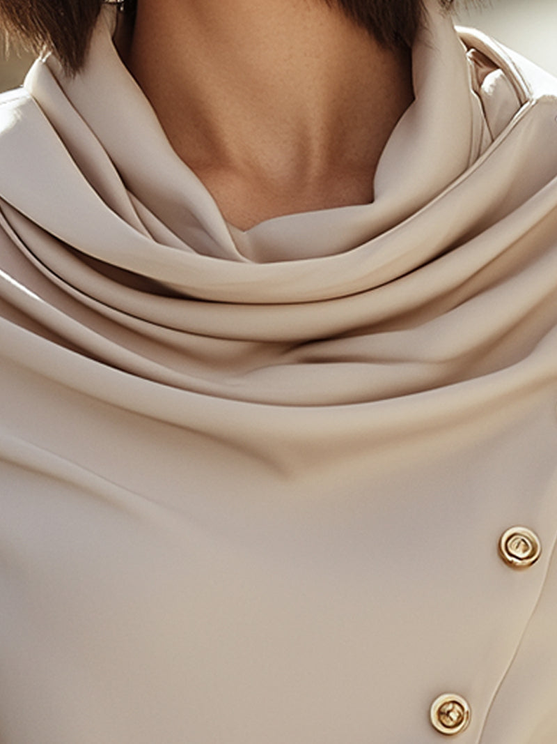 Champagne Asymmetric Draped Blouse With Gold Buttons