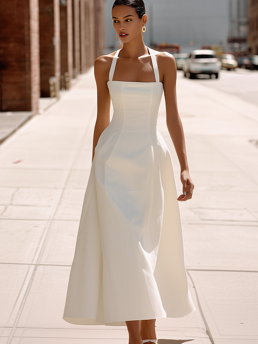 Halter-Neck Structured A-Line Midi Dress