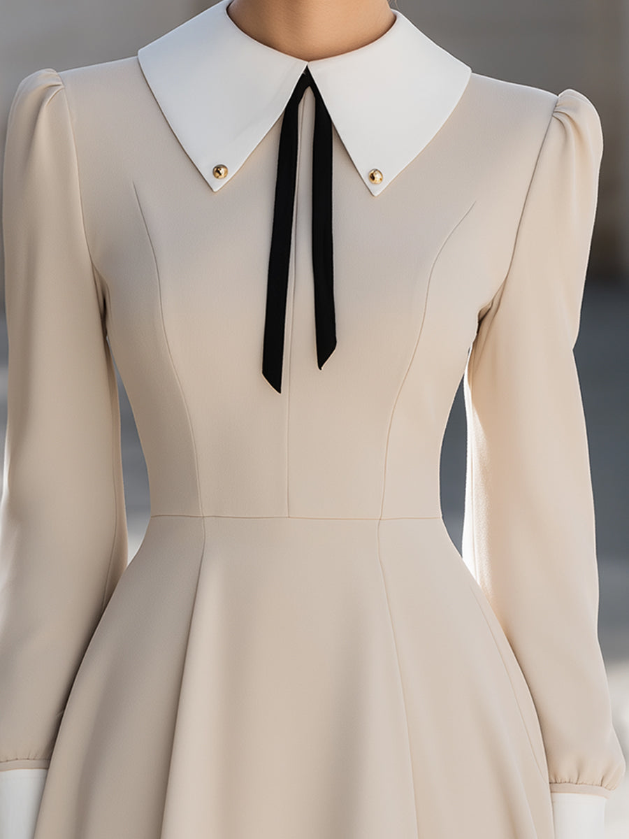 Long-Sleeve Midi Dress With Contrast Collar And Ribbon Tie