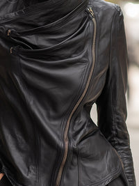Asymmetrical Draped Collar Faux Leather Moto Jacket