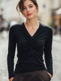 Ruched V-Neck Long-Sleeve Top