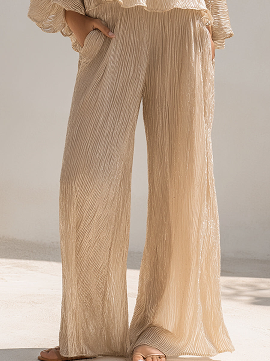 Off-Shoulder Pleated Two-Piece Wide-Leg Set