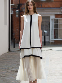Contrast-Trim Layered Sleeveless Tunic & Pleated Midi Skirt Set