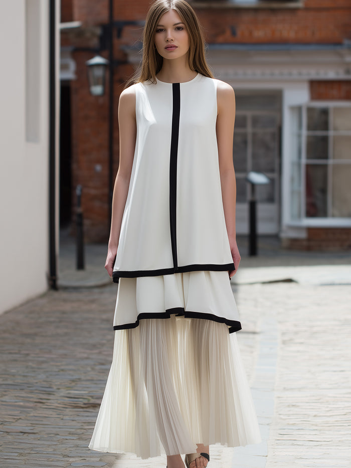 Contrast-Trim Layered Sleeveless Tunic & Pleated Midi Skirt Set