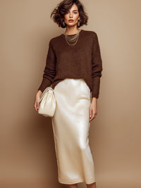 Stylish Brown Sweater And Velvet Midi Skirt Set