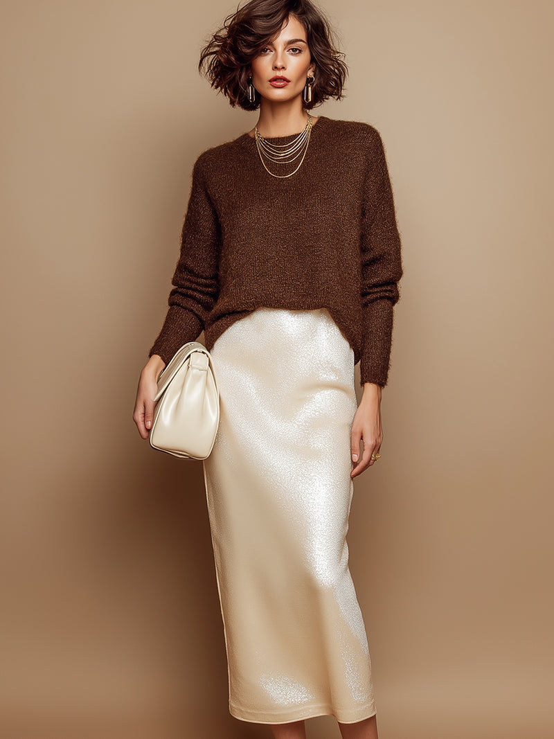 Stylish Brown Sweater And Velvet Midi Skirt Set