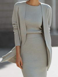 Light Grey Minimalist Ribbed Knit Three-Piece Skirt Set