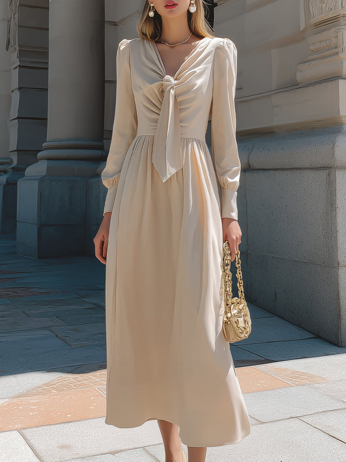 Champagne Satin Midi Dress With Front Tie