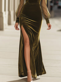 Olive Velvet Long Sleeve Mesh Panel Slit Evening Gown