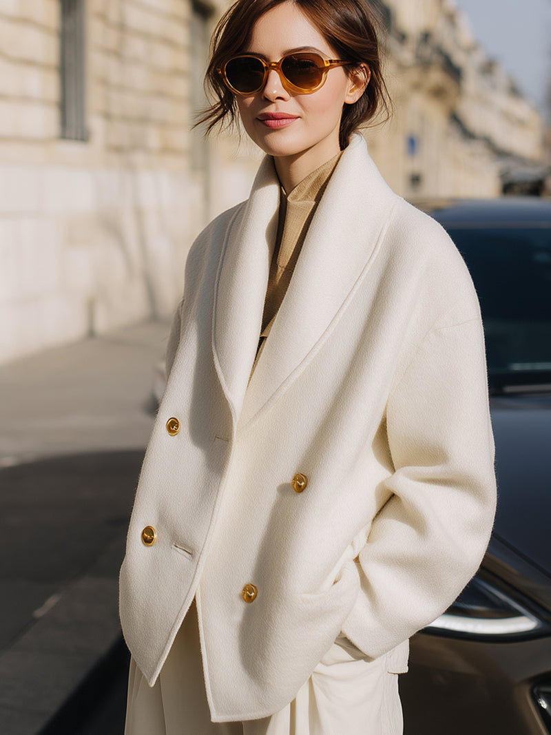 Double-Breasted Shawl Collar Wool Blazer In Ivory