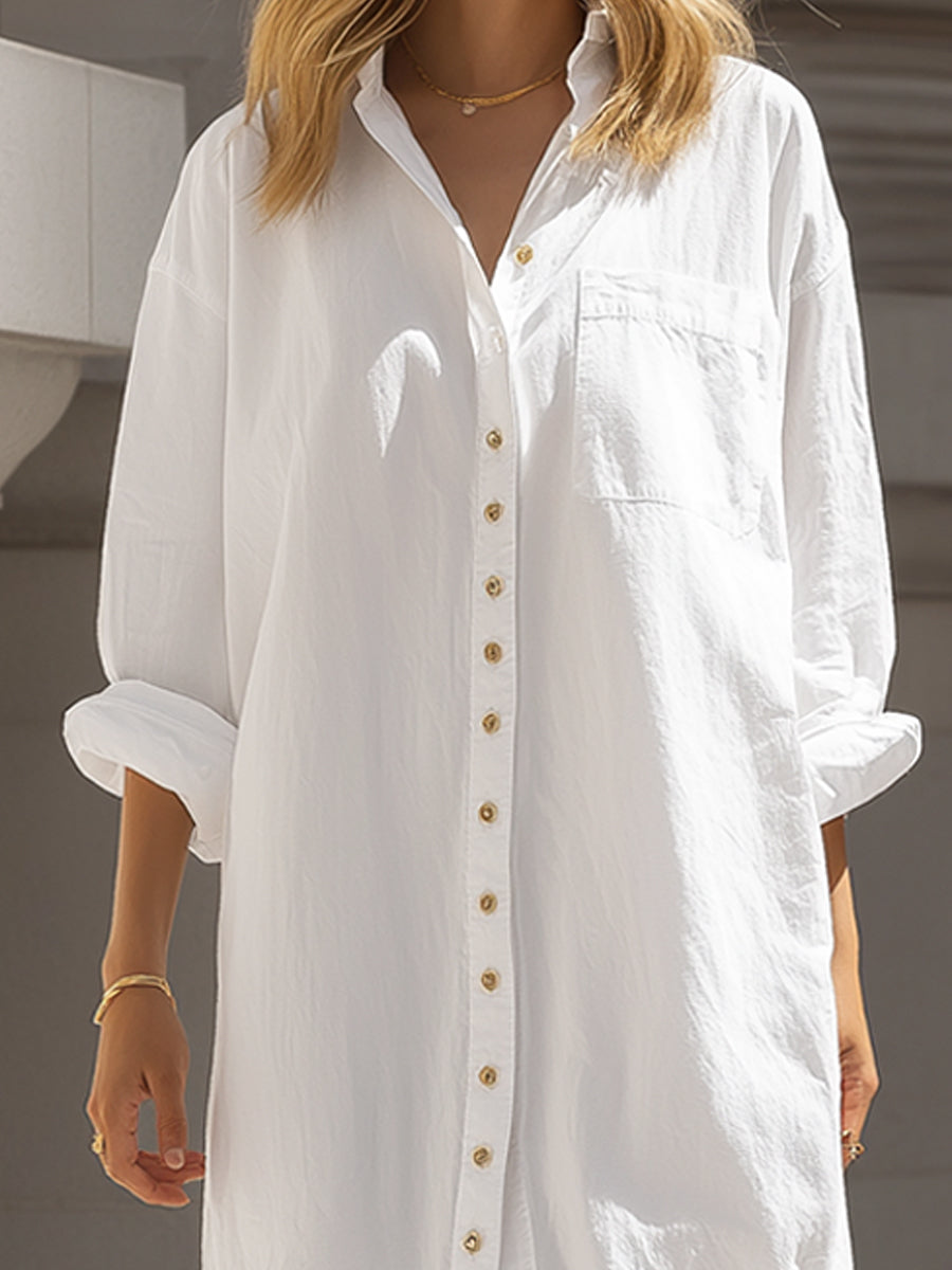 Long Button-Down Cotton Maxi Shirt Dress