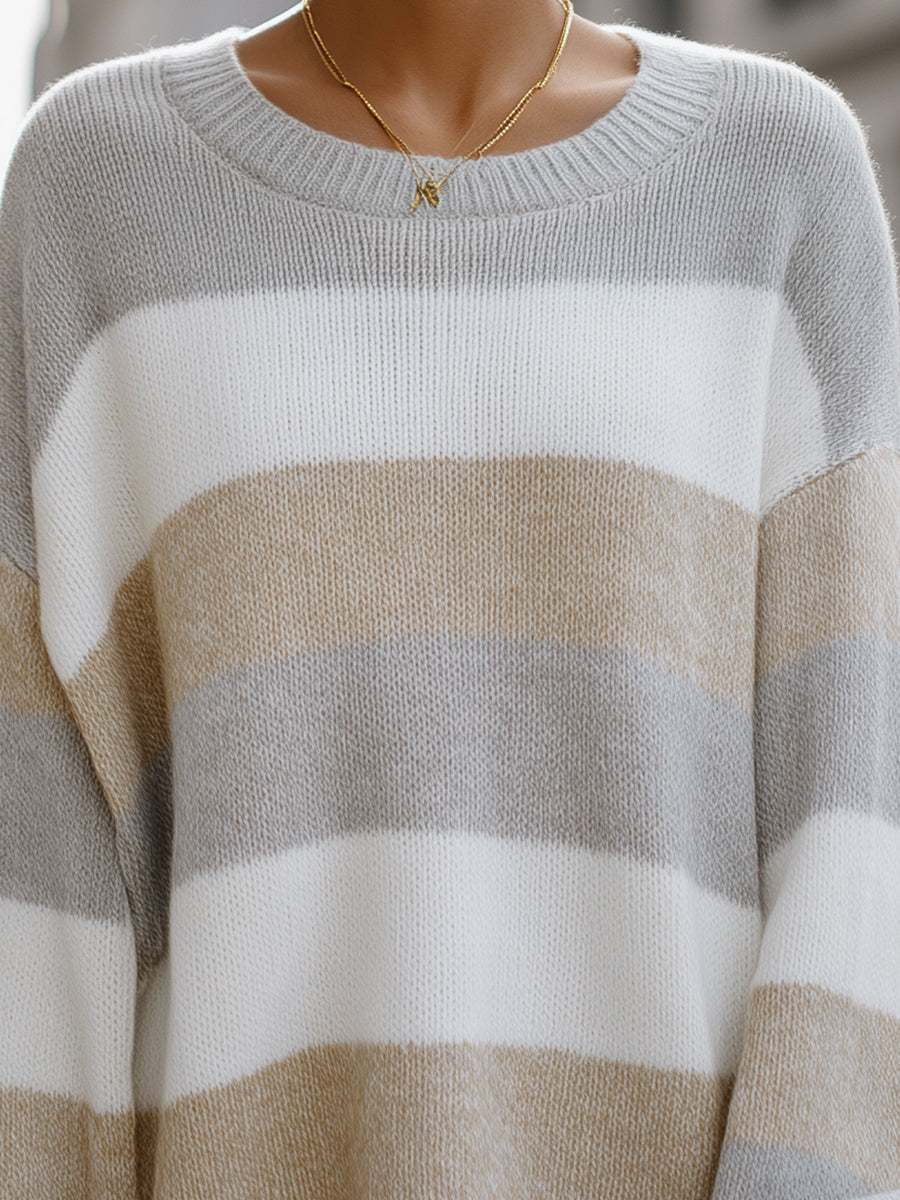 Beige And Grey Striped Oversized Knit Sweater