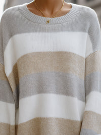 Beige And Grey Striped Oversized Knit Sweater