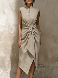 Linen-Blend Midi Dress With Mandarin Collar