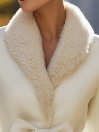 Ivory Wool-Blend Peplum Blazer With Faux Fur Collar And Bow Detail