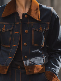 Contrast-Corduroy Trimmed Dark Denim Jacket